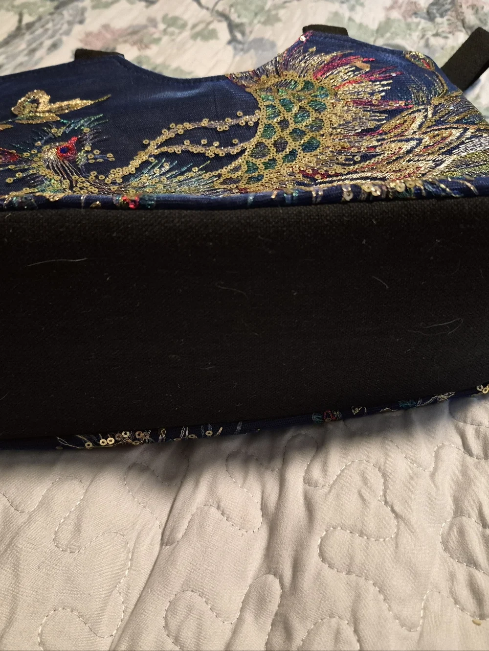 "Ella And Elly" Dark Blue Peacock Sequined Embroidered Tote Shoulder Bag - Picture 12 of 12